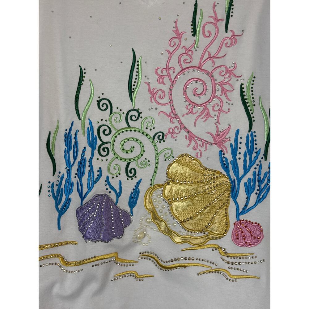 90s Colorful Seashell Embellished Top XL Ocean Sea Puffy Paint Handmade Look - Picture 2 of 10